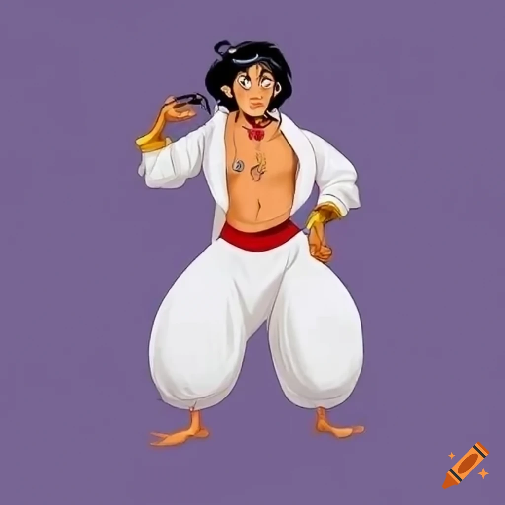 Cartoon character wearing oversized, large aladdin pants standing full