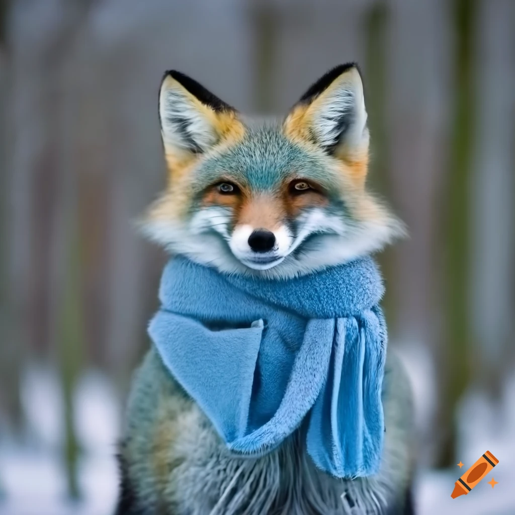 photograph of a blue fox in a winter forest
