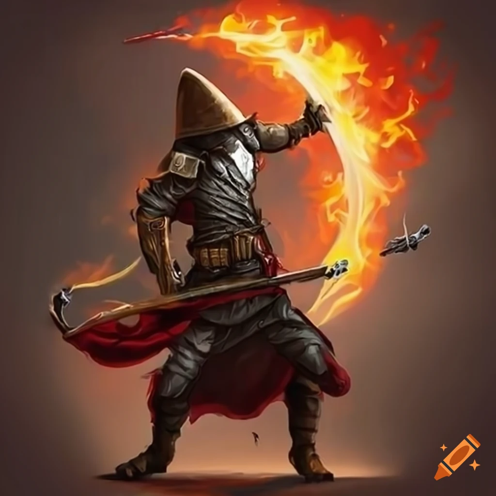 image of a science fantasy soldier captain with flaming sword