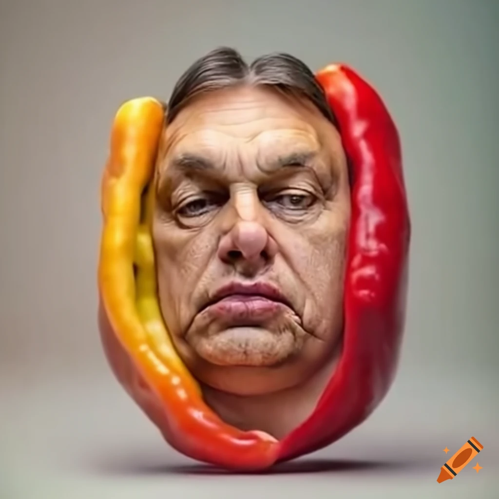 Satirical image of viktor orban sitting on a hot pepper on Craiyon