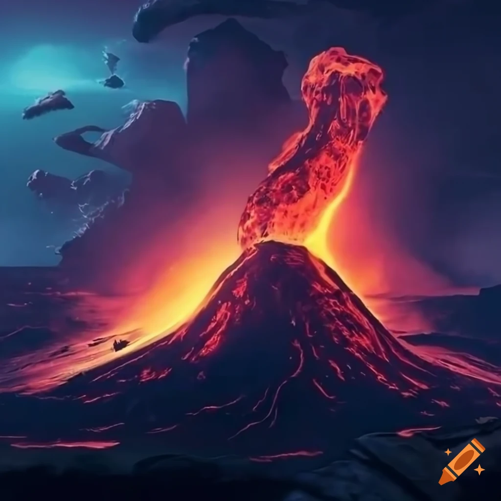 volcano erupting on an alien planet with cyberpunk half-moon background