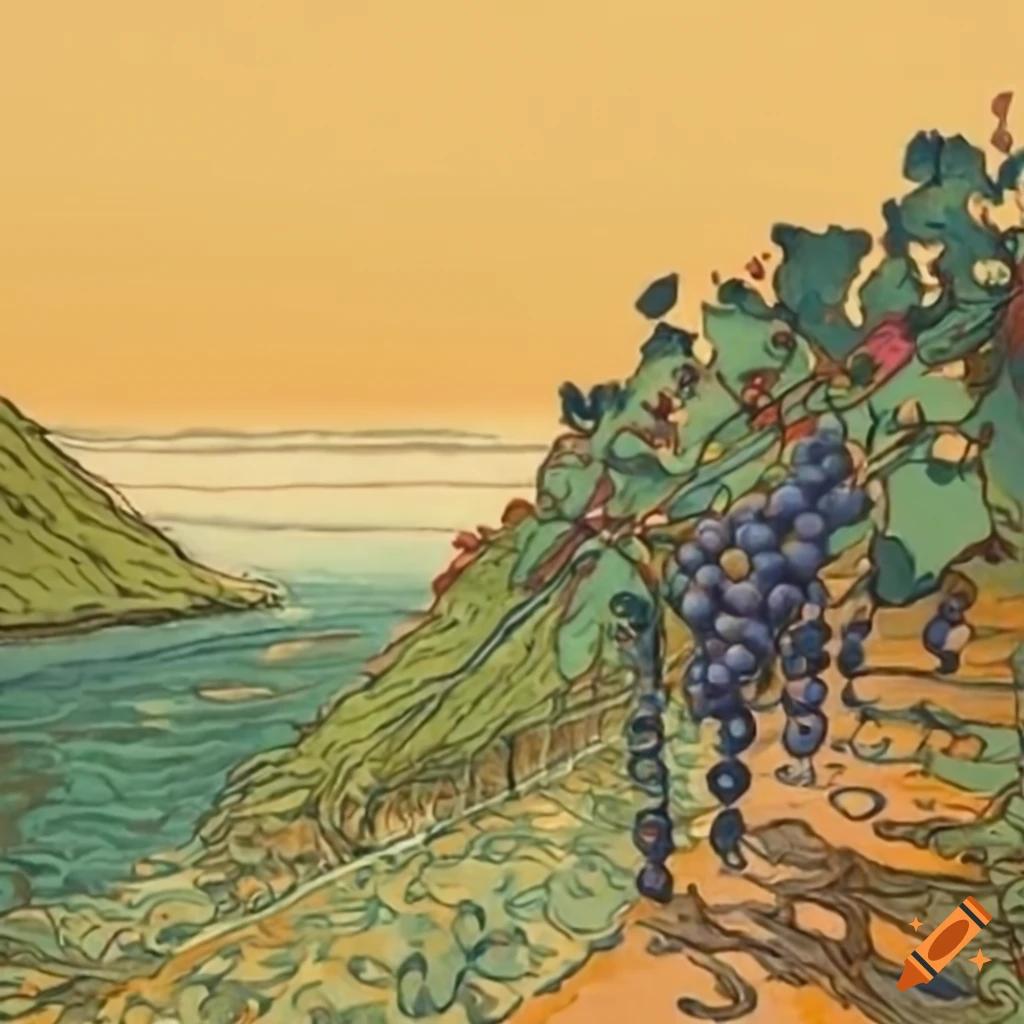 colorful ukiyo-e of a vineyard with hanging grapes