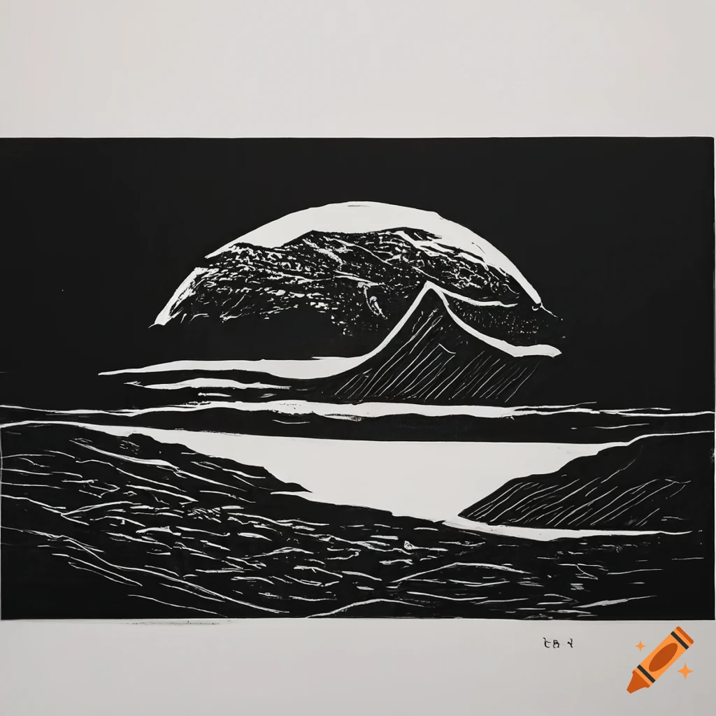Stunning black and white linocut print of a landscape on Craiyon