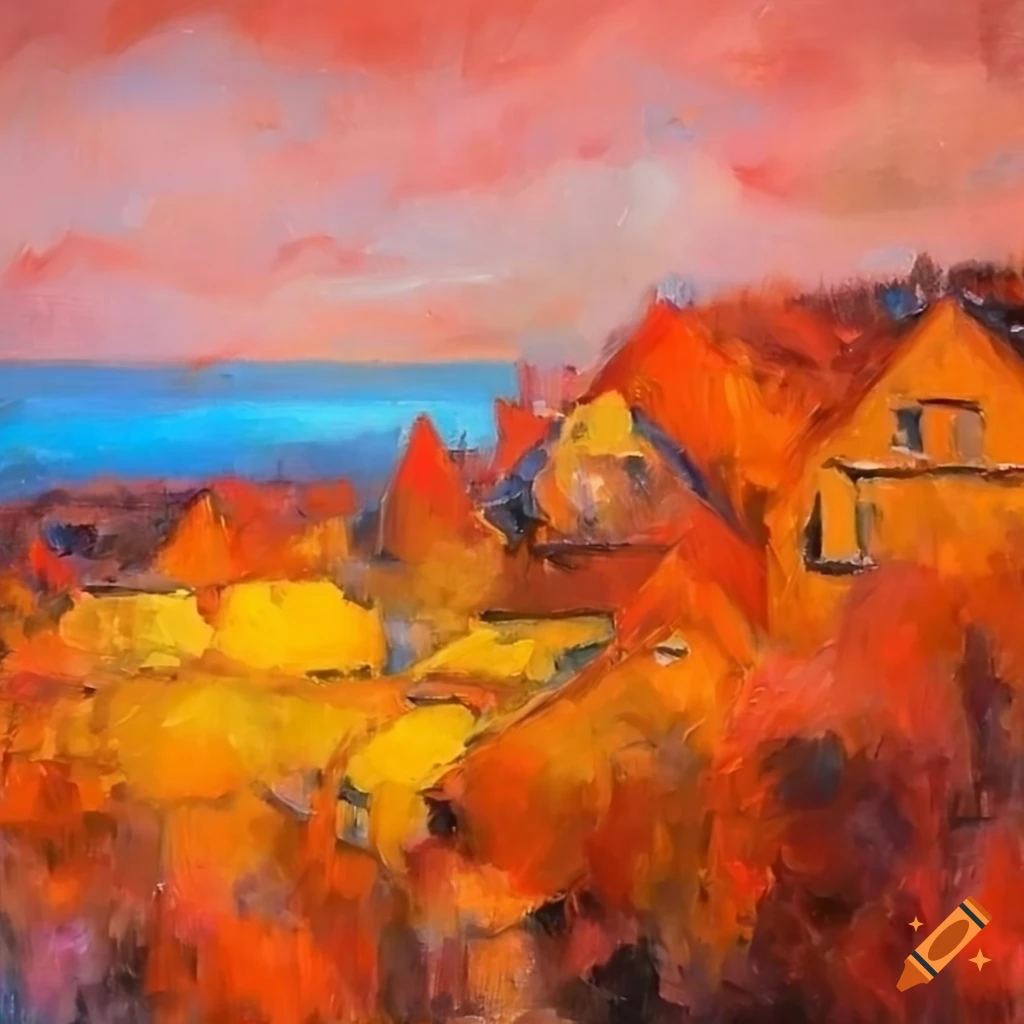 oil painting of a view from above on roofs in a norwegian forest