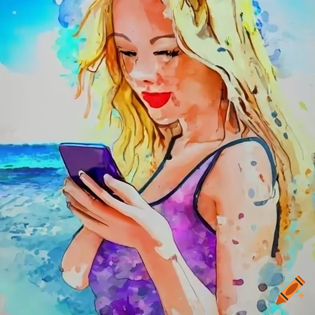 Cartoon of a woman using her phone at the seaside