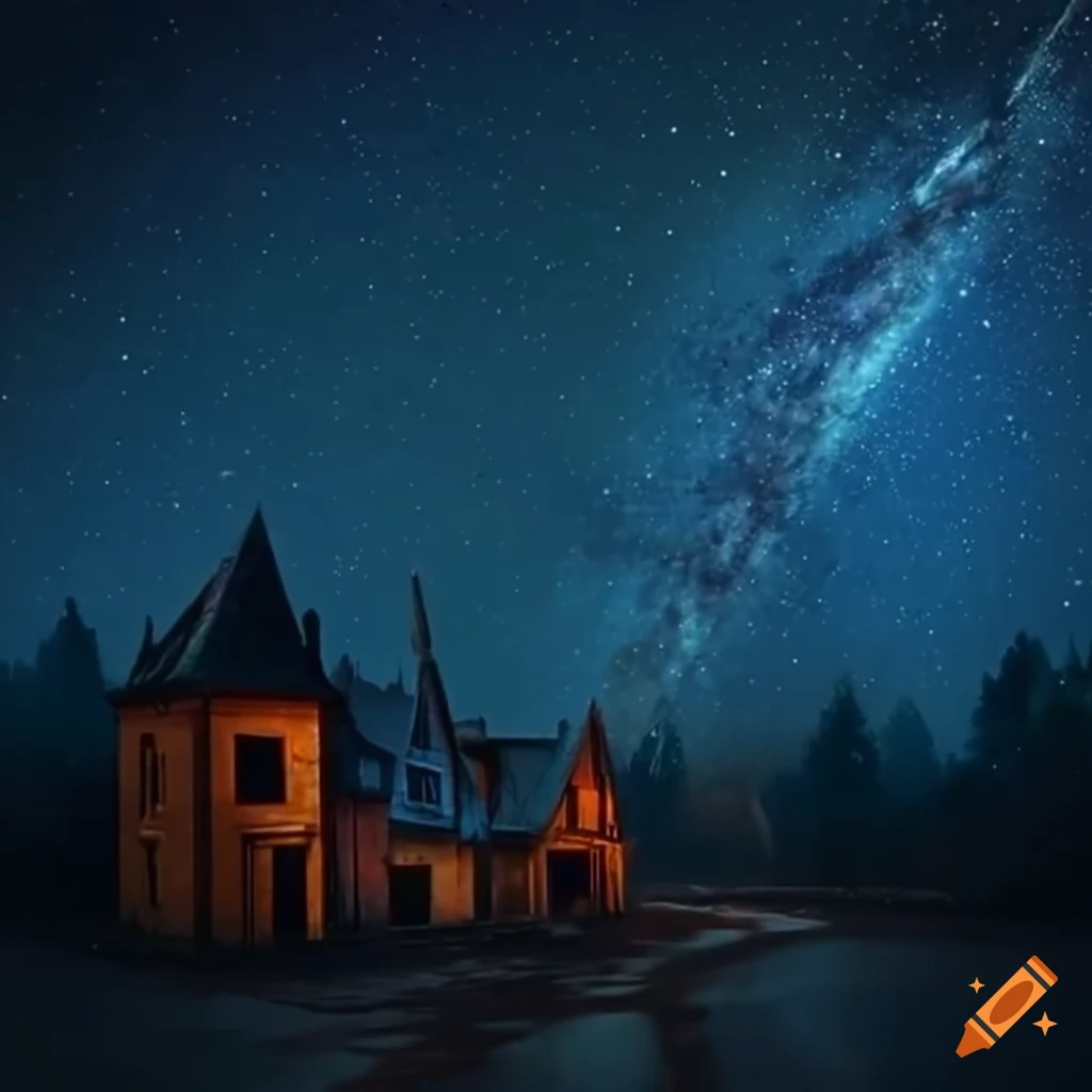 night view of an abandoned town under starry sky