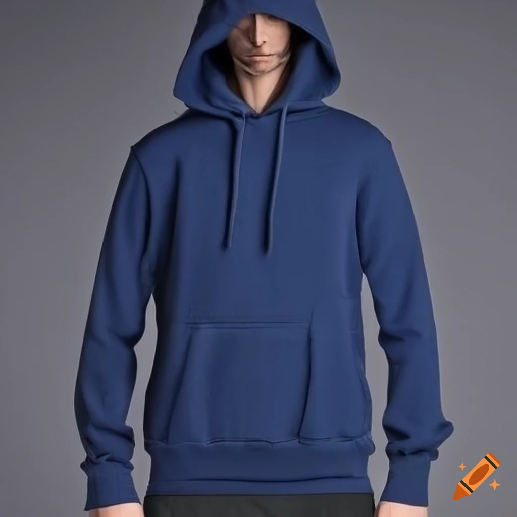 Photo of a man wearing a plain navy blue hoodie on Craiyon