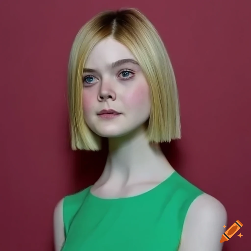 Elle Fanning With A Straight Bob Haircut And Green T shirt On Craiyon