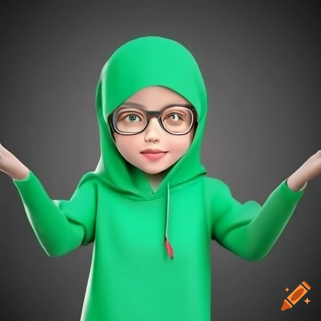 3D illustration of a smiling girl in a green hoodie and hijab holding the flag of Palestine