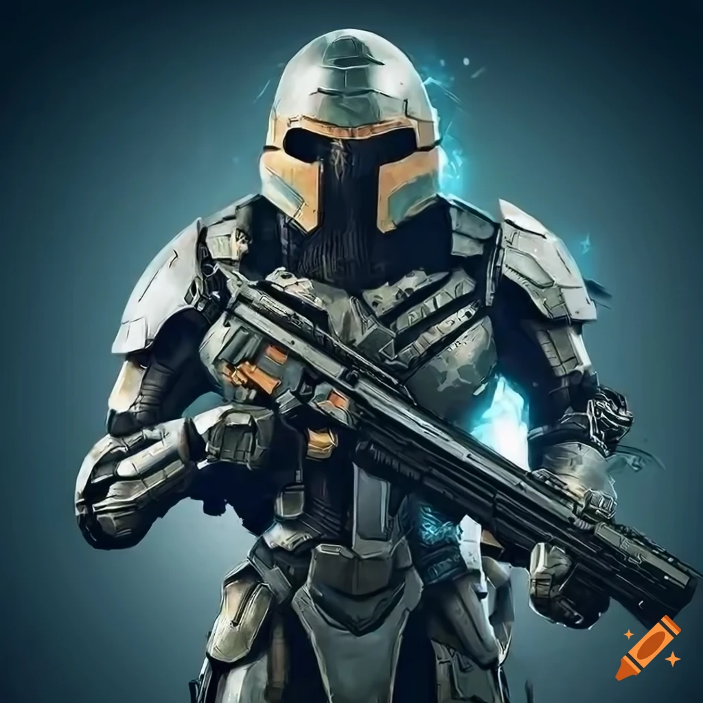 sci-fi soldier in Spartan-inspired armor in a futuristic city