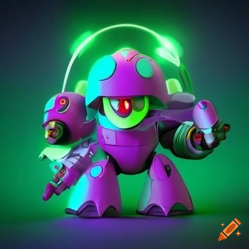 neon green and purple 3D render of a mushroom themed Megaman villain