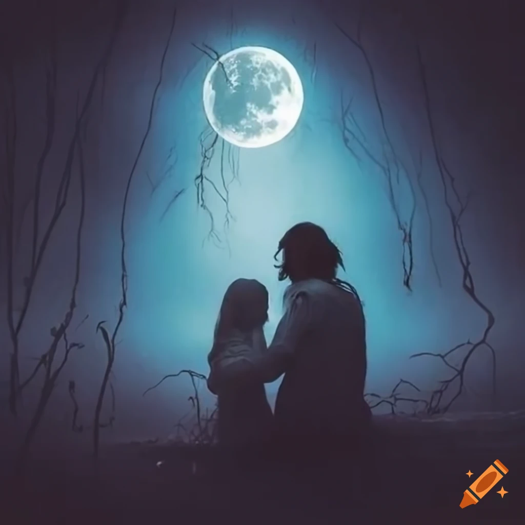 photography of a couple praying in the rain under moonlight