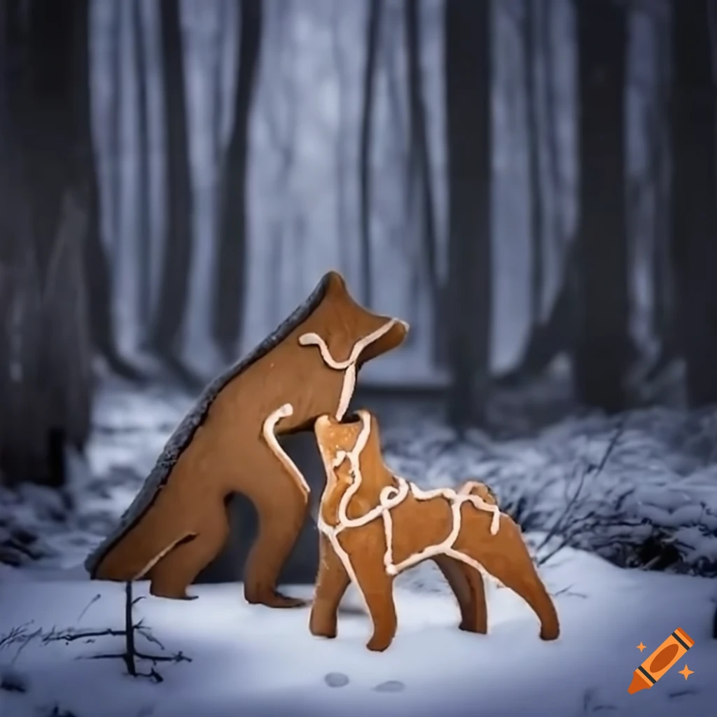 Gingerbread and wolf in snowy forest on Craiyon