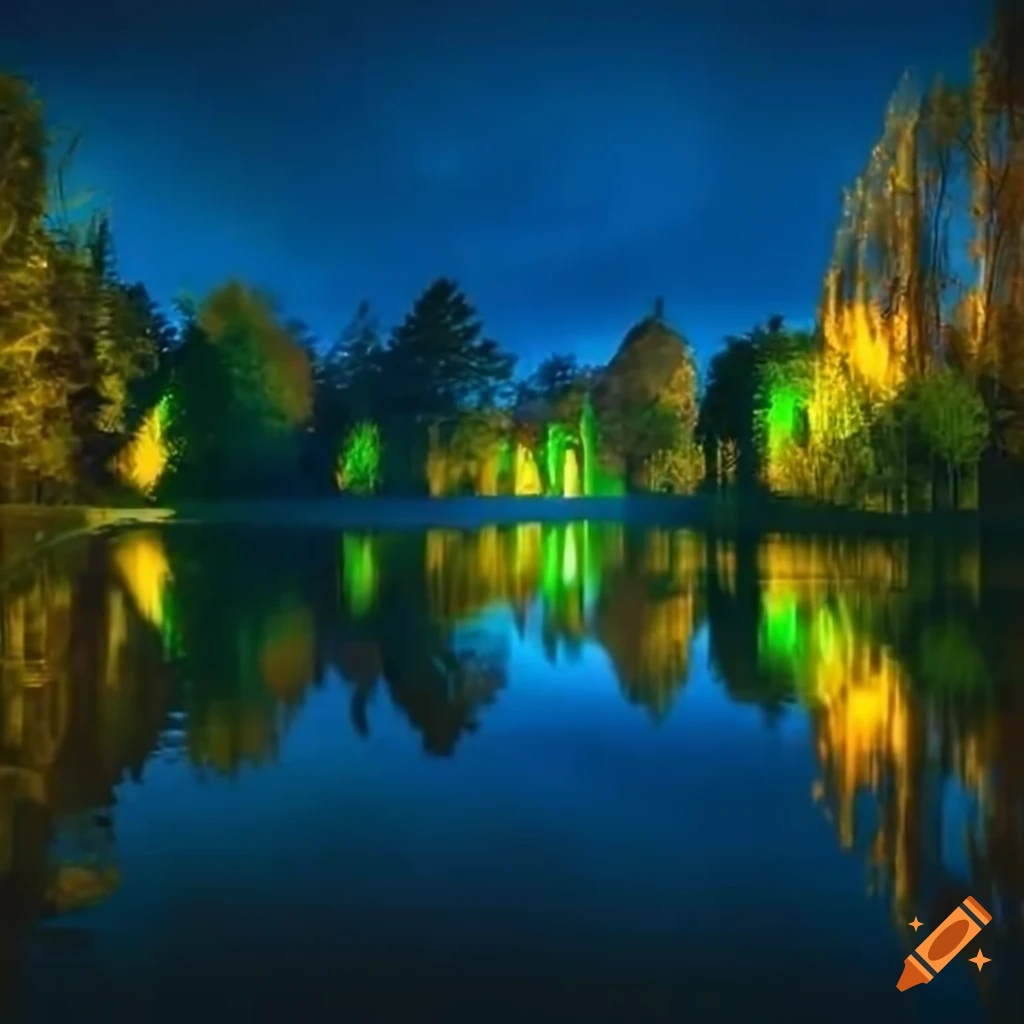 Rainbow led art light installation surrounding trees in a city park at ...