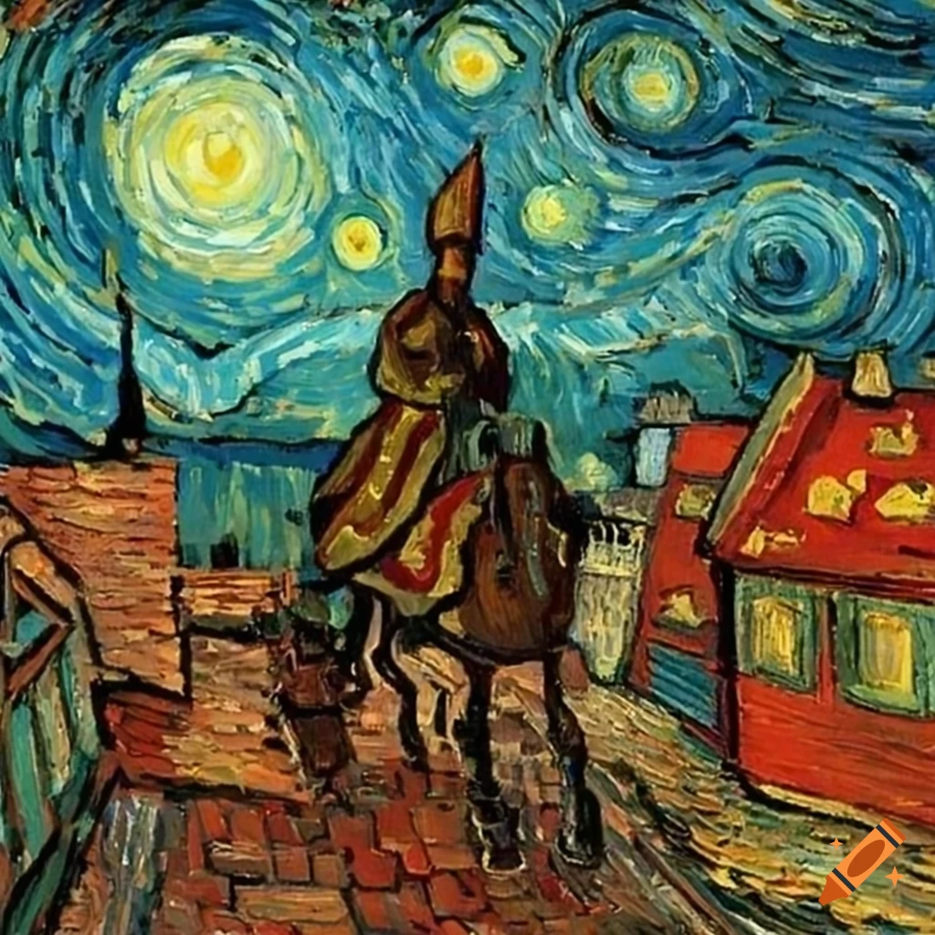 Painting of saint nicholas riding a horse on rooftops on Craiyon