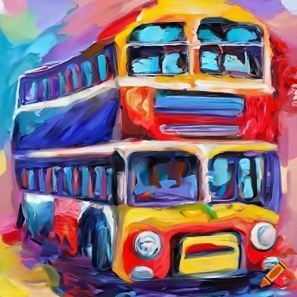Impressionist oil painting of a rainbow coloured double-decker bus on ...