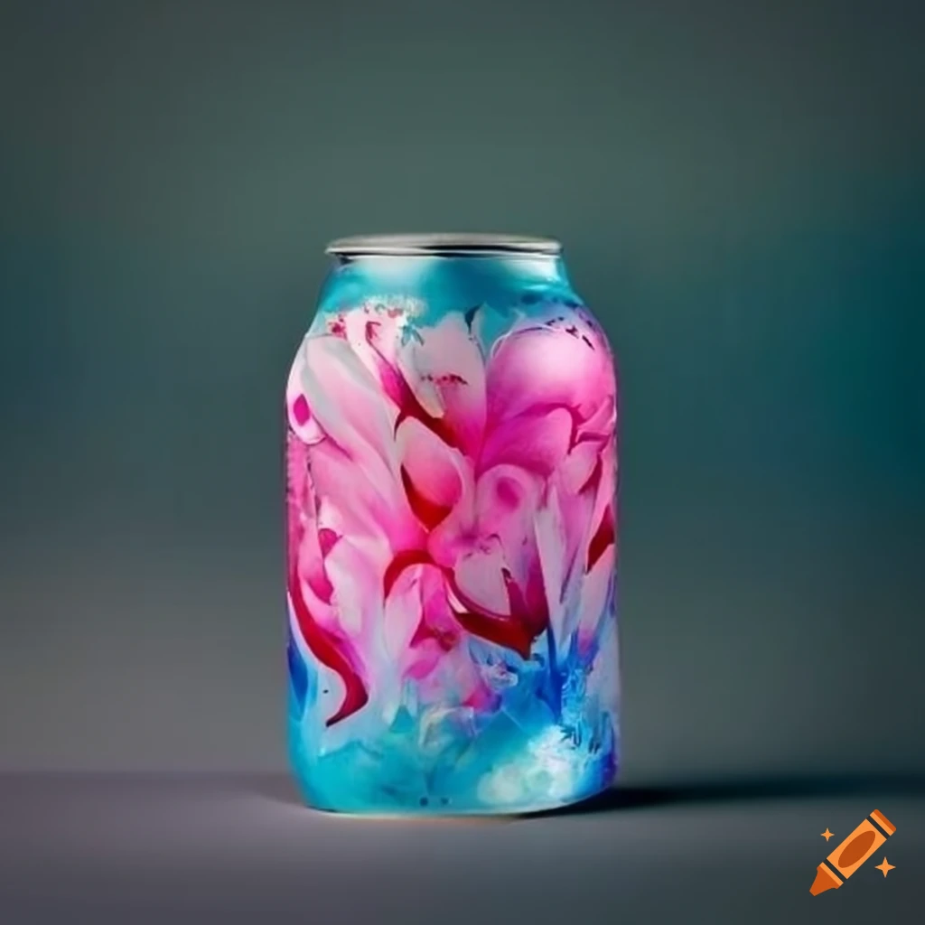 Blue and pink soda can with flower design on Craiyon
