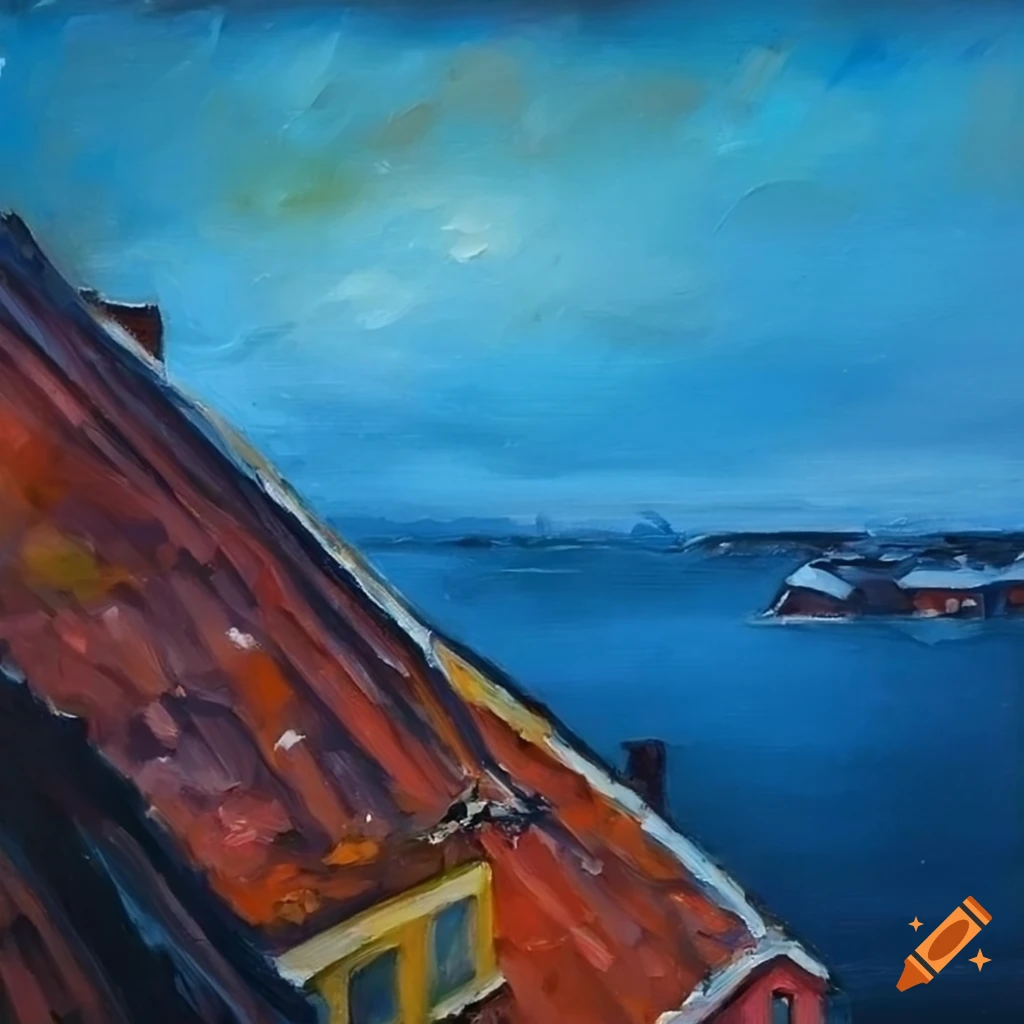 oil painting of a norwegian coastal town viewed from above