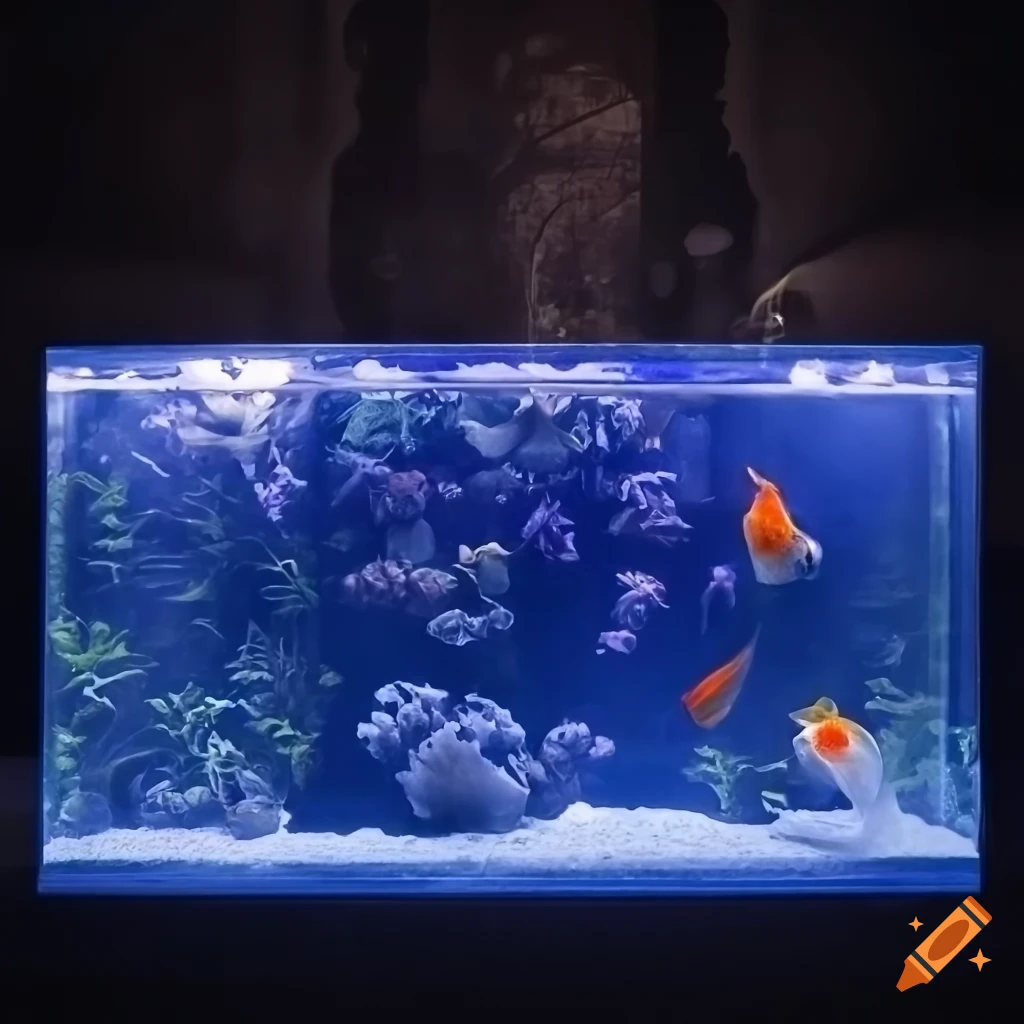 blue aquarium with a goldfish and decorations