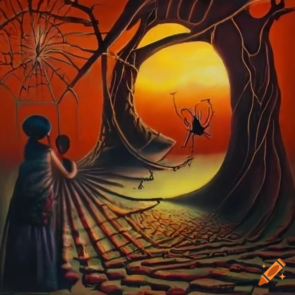surrealist painting of women and man in a spider landscape