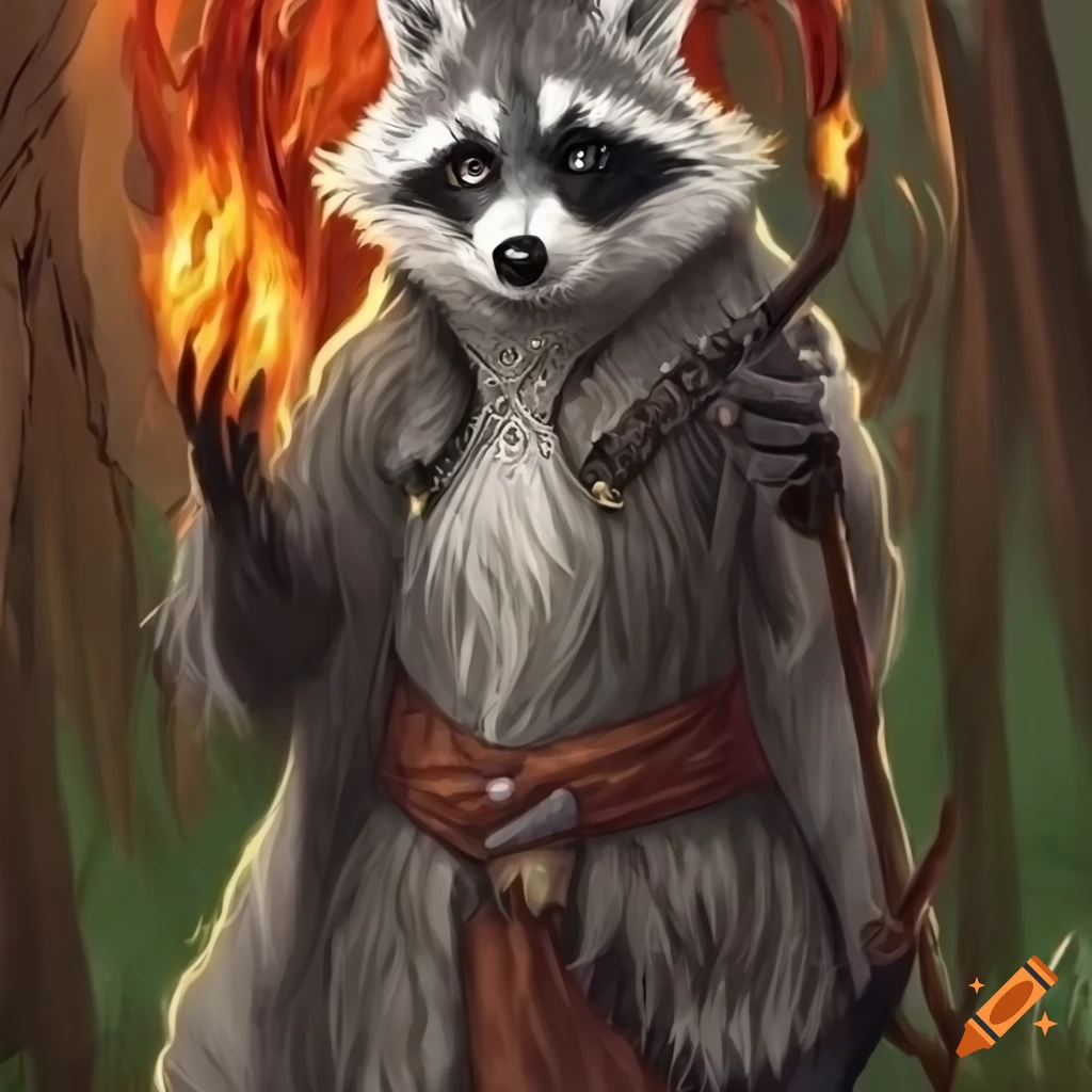 raccoon wearing druid attire in a fantasy setting