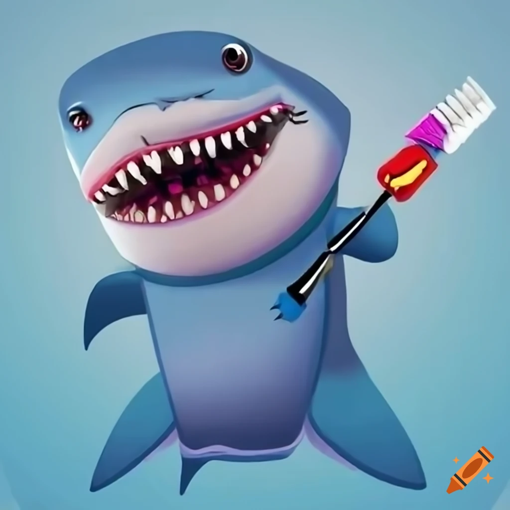 Cartoon of a smiling shark superhero brushing teeth on Craiyon