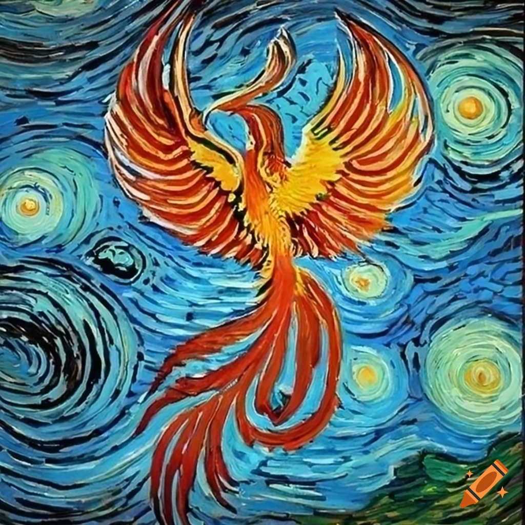 Vincent van gogh's painting of phoenix bird symbol in the city of