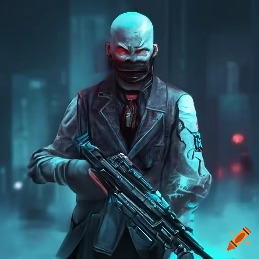 cyberpunk man with red eye and guns