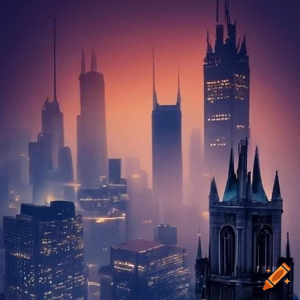 Cityscape of gotham city at night in the fog