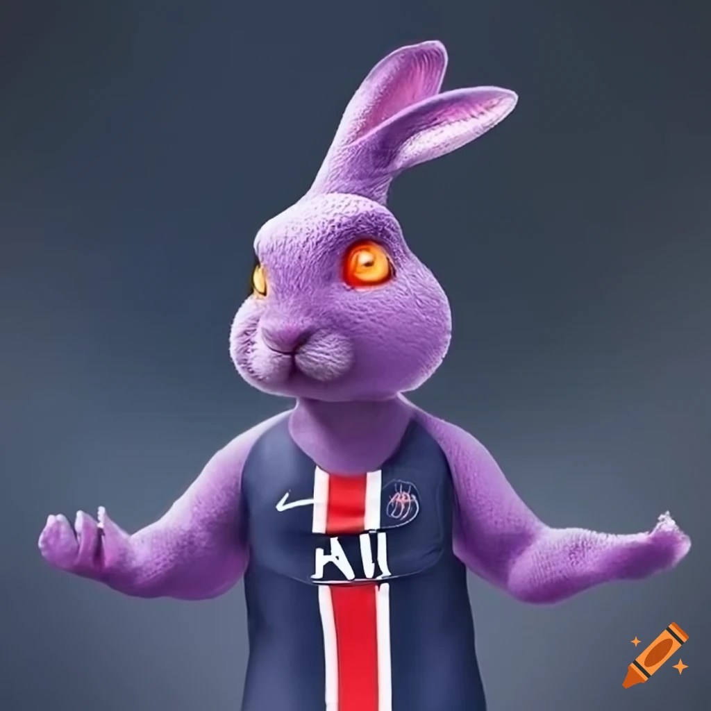 Purple rabbit eating spaghetti in PSG jersey on Craiyon
