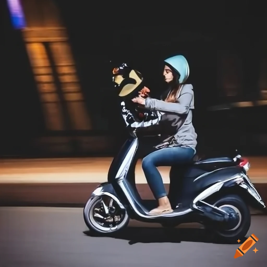 girl delivering on a scooter at night