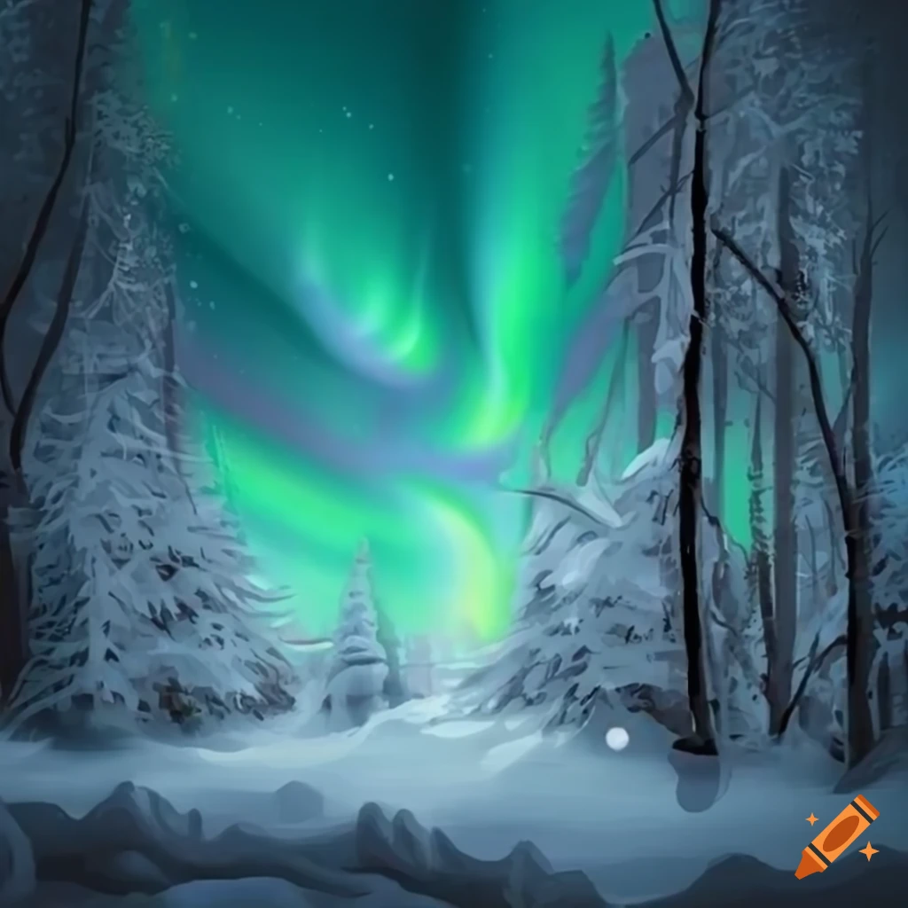 artistic winter forest background with northern lights