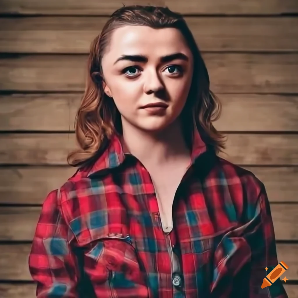 Portrait of young woman in red plaid shirt and black leather trousers ...