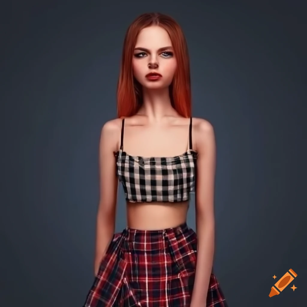 Woman wearing a crop top and plaid skirt