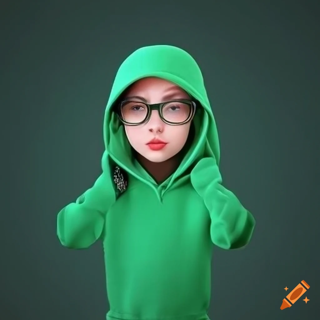 Green hoodie 3d character wearing hijab and palestinian flag