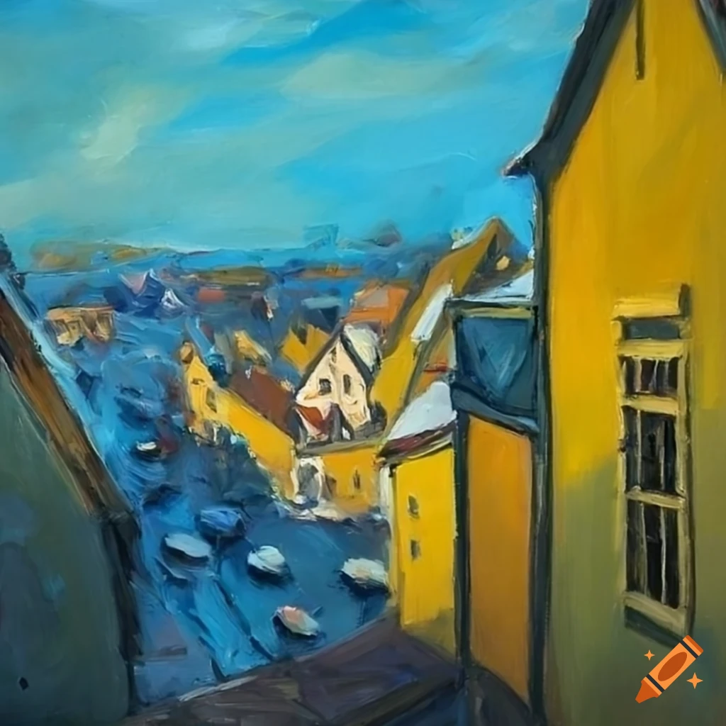 Oil painting of a norwegian coastal town from bird's eye view on Craiyon