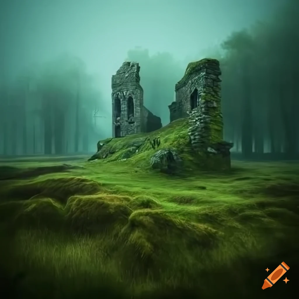 ancient ruins in a misty Scottish moorland
