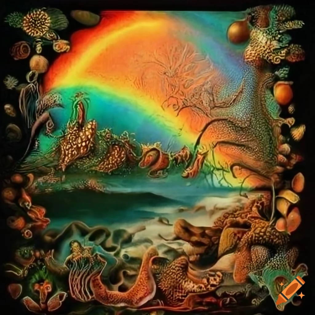 colorful oil painting of a rainbow over a mythical landscape with a dragon