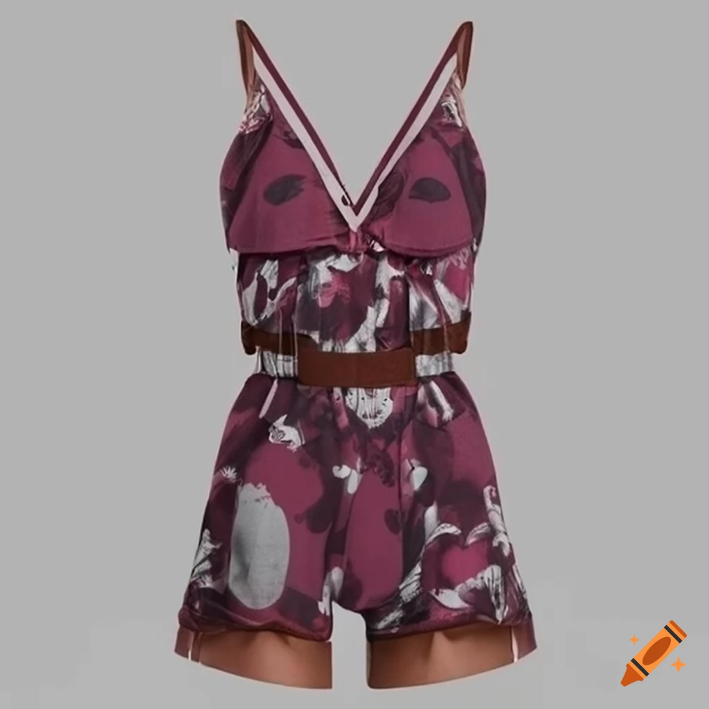 3D render of a high-fashion playsuit with stripes and floral design