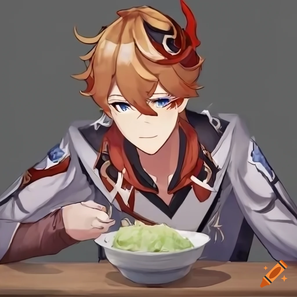 Tartaglia and Lumine enjoying meal in Genshin Impact