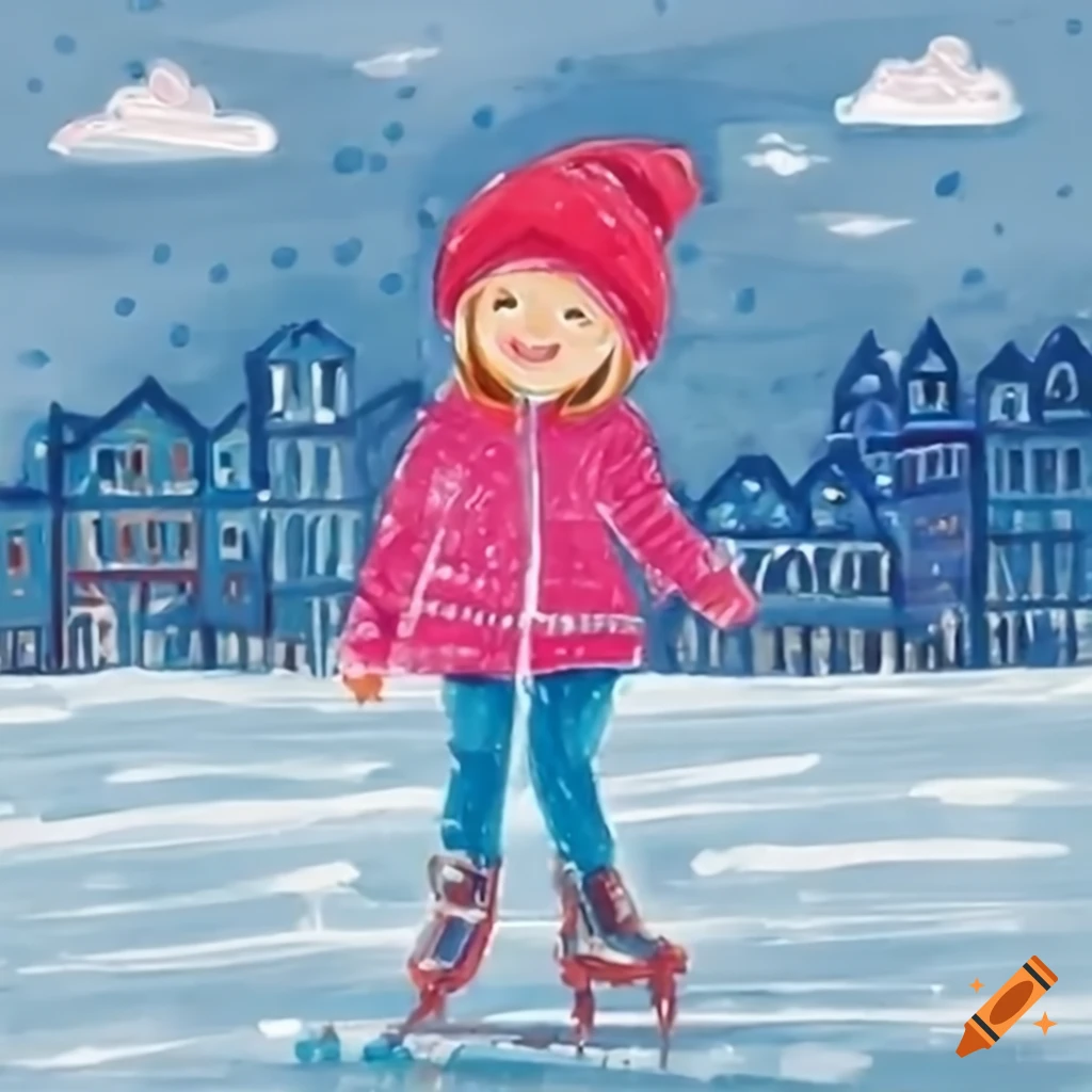 happy girl ice skating on a frozen lake