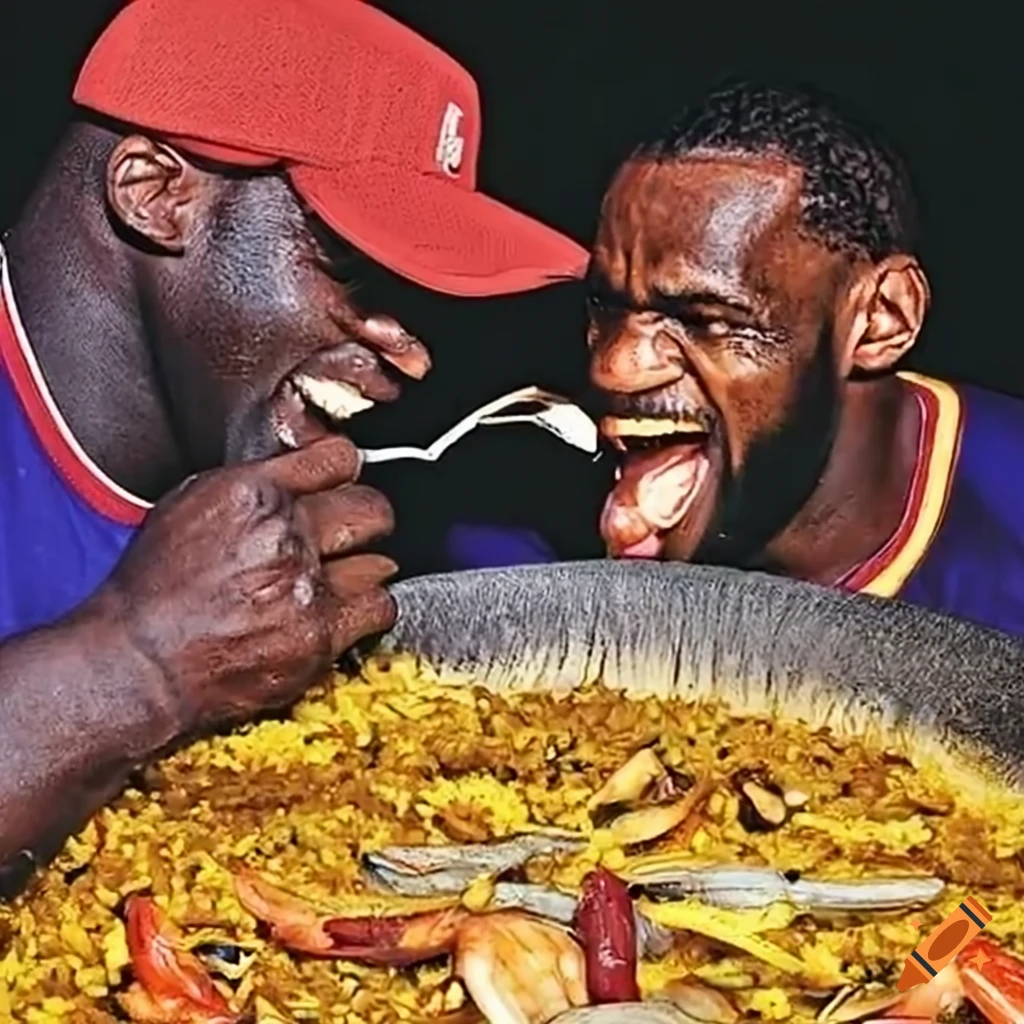 Lebron James and Shaq O'Neal eating paella on Craiyon