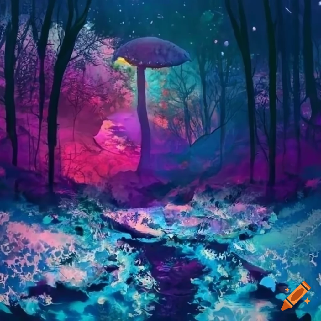psychedelic cosmic forest with winter landscape