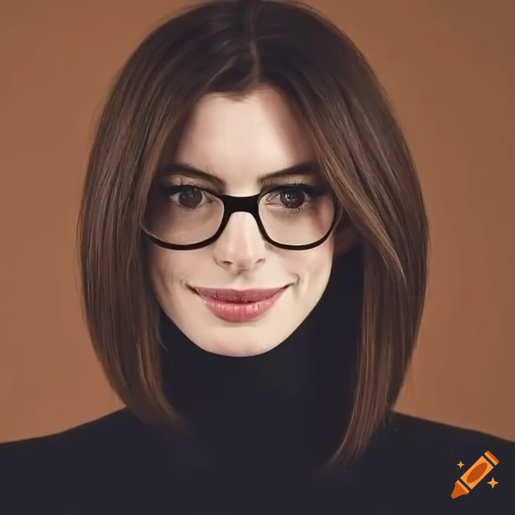 Anne Hathaway with straight bob haircut and black turtleneck