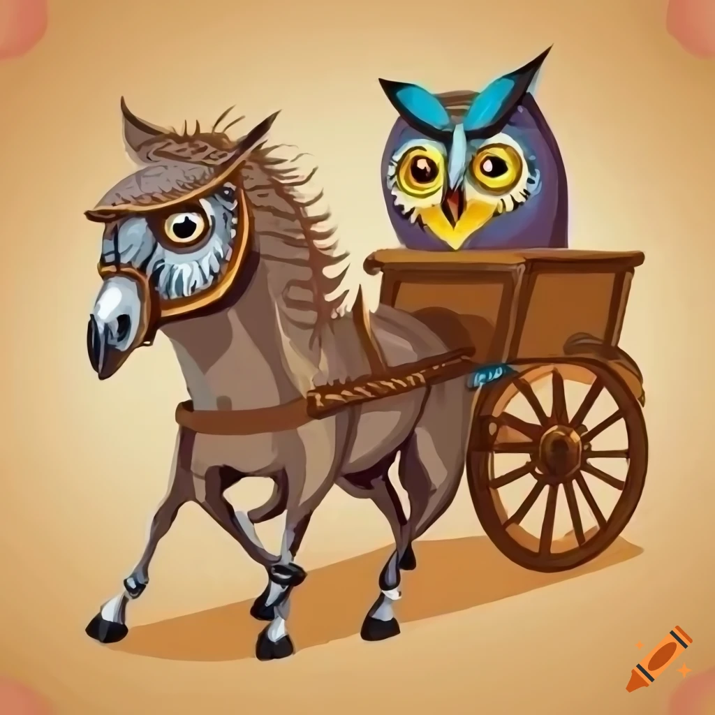 Cartoon painting of owls on a horse carriage
