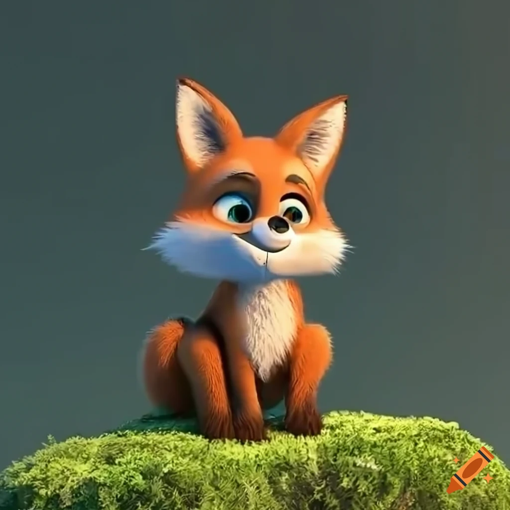 3d animation of a cute fox on a mossy rock