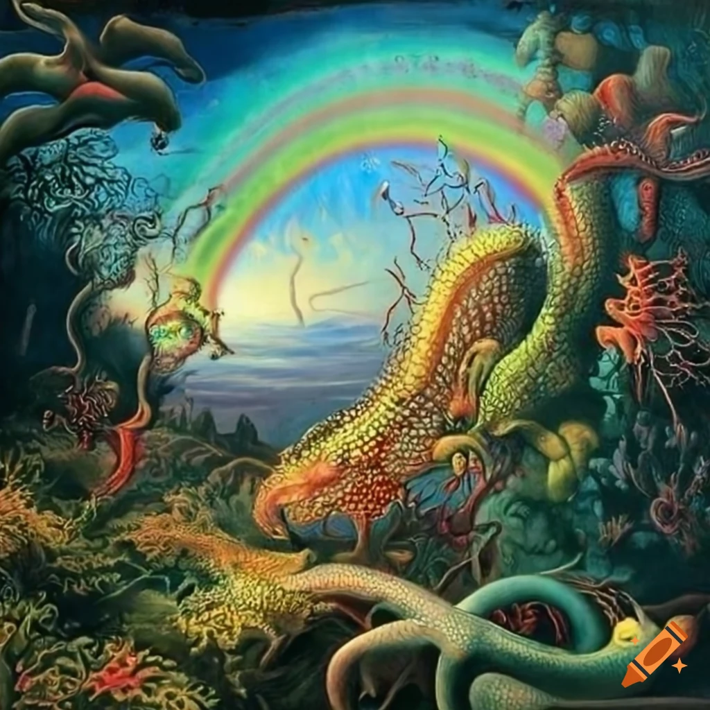 Colorful oil painting of a rainbow over a mythical landscape with a ...
