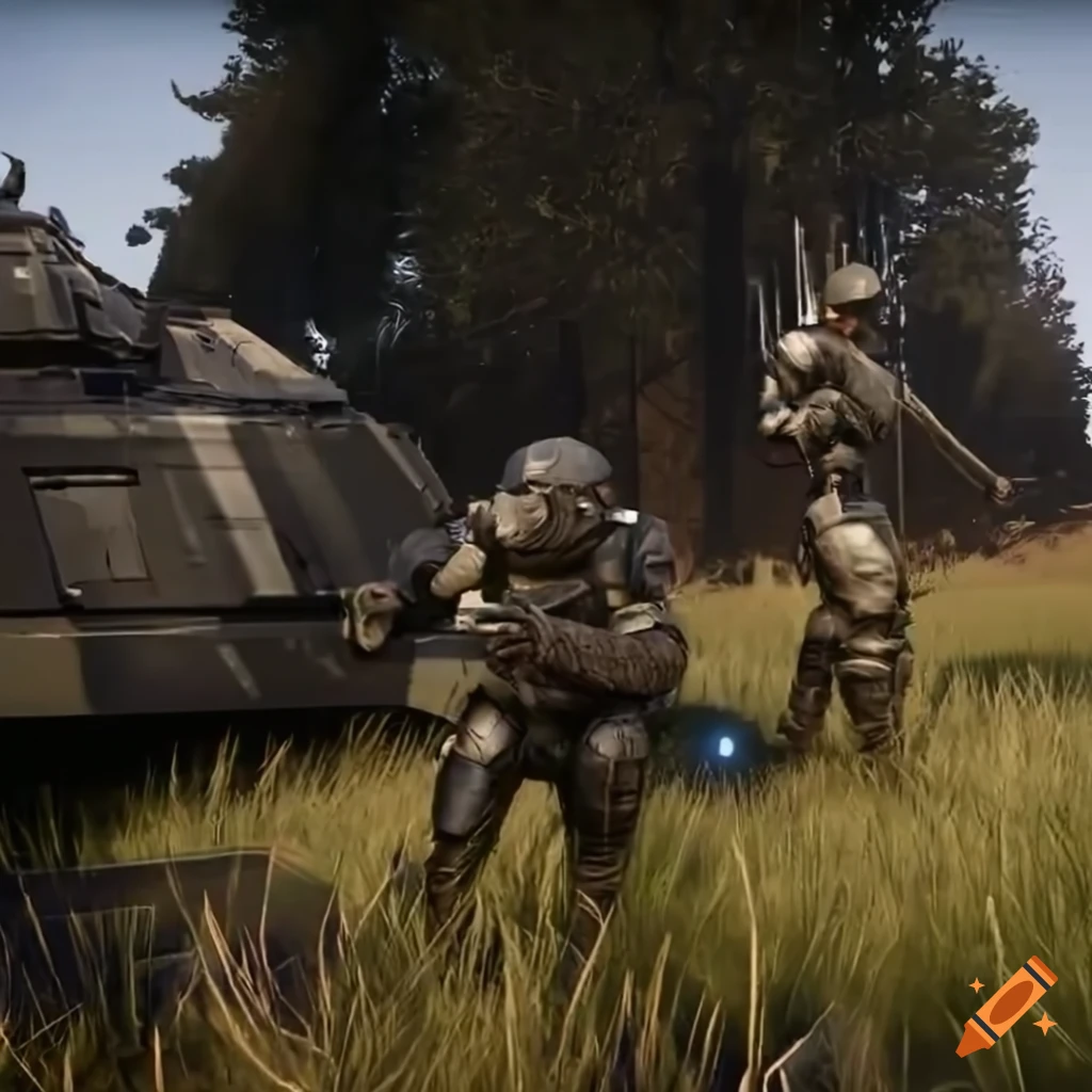 sci-fi soldiers with US flag and tank on grassland