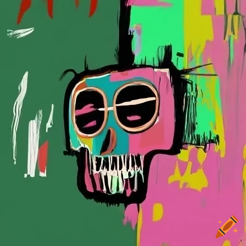 Basquiat-inspired car painting with green and pink symbols on Craiyon