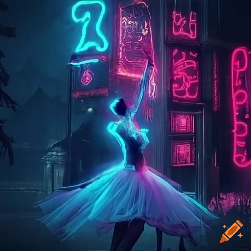 ballerina in neon tutu with stagecoach and horses